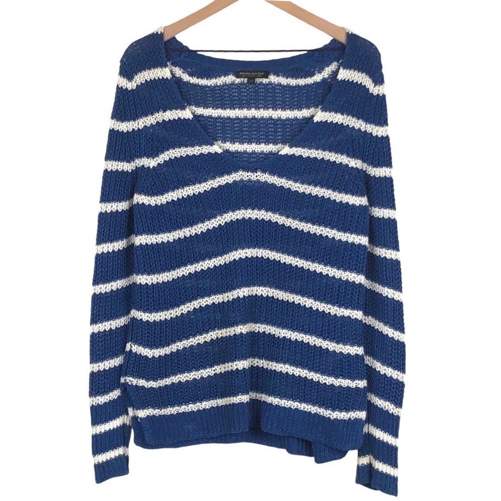 BANANA REPUBLIC 100% Italian Linen Loose Knit Striped Sweater Women's L Blue L/S
